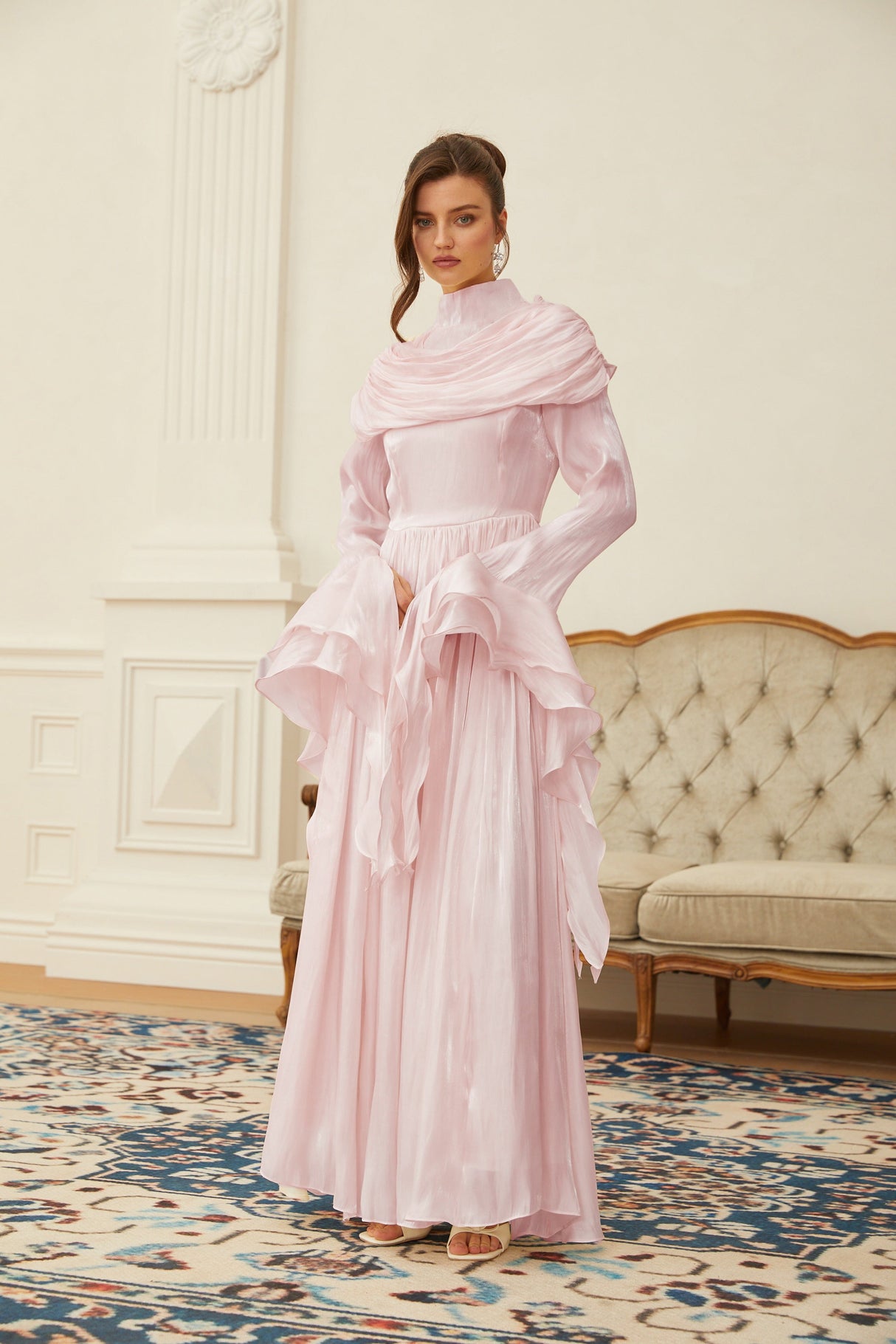 Aurohaya Danuta Pink Ruched Pleated Maxi Dress