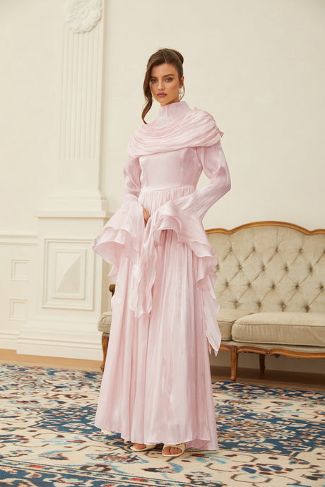 Aurohaya Danuta Pink Ruched Pleated Maxi Dress