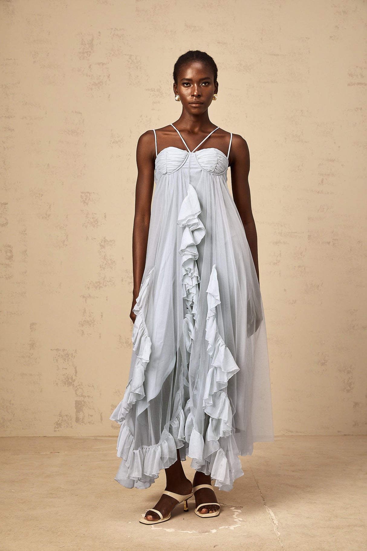 Aurohaya Colette layered ruffled tulle maxi dress in Blue
