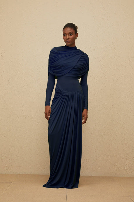 Aurohaya Catherine Navy-Blue Asymmetrical Pleated Long-Sleeve Maxi Dress
