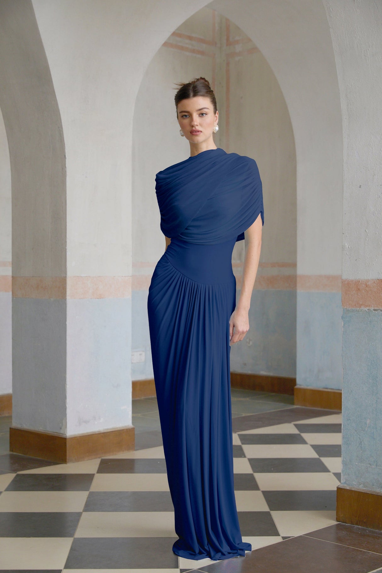 Aurohaya Catherine asymmetrical pleated maxi dress in Navy-blue