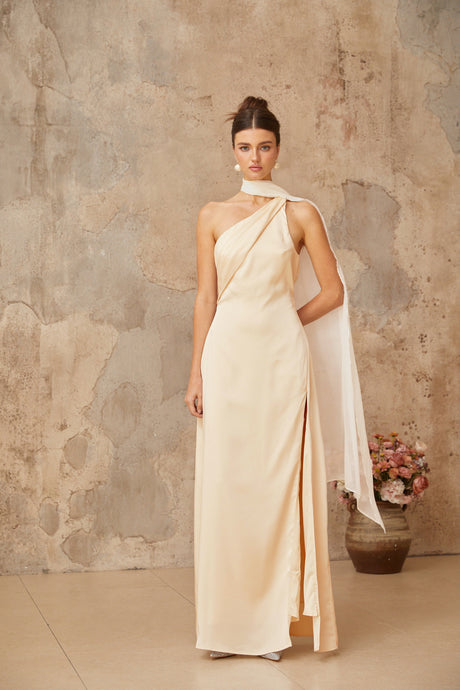 Aurohaya Thérèse neutral scarf-design satin maxi dress