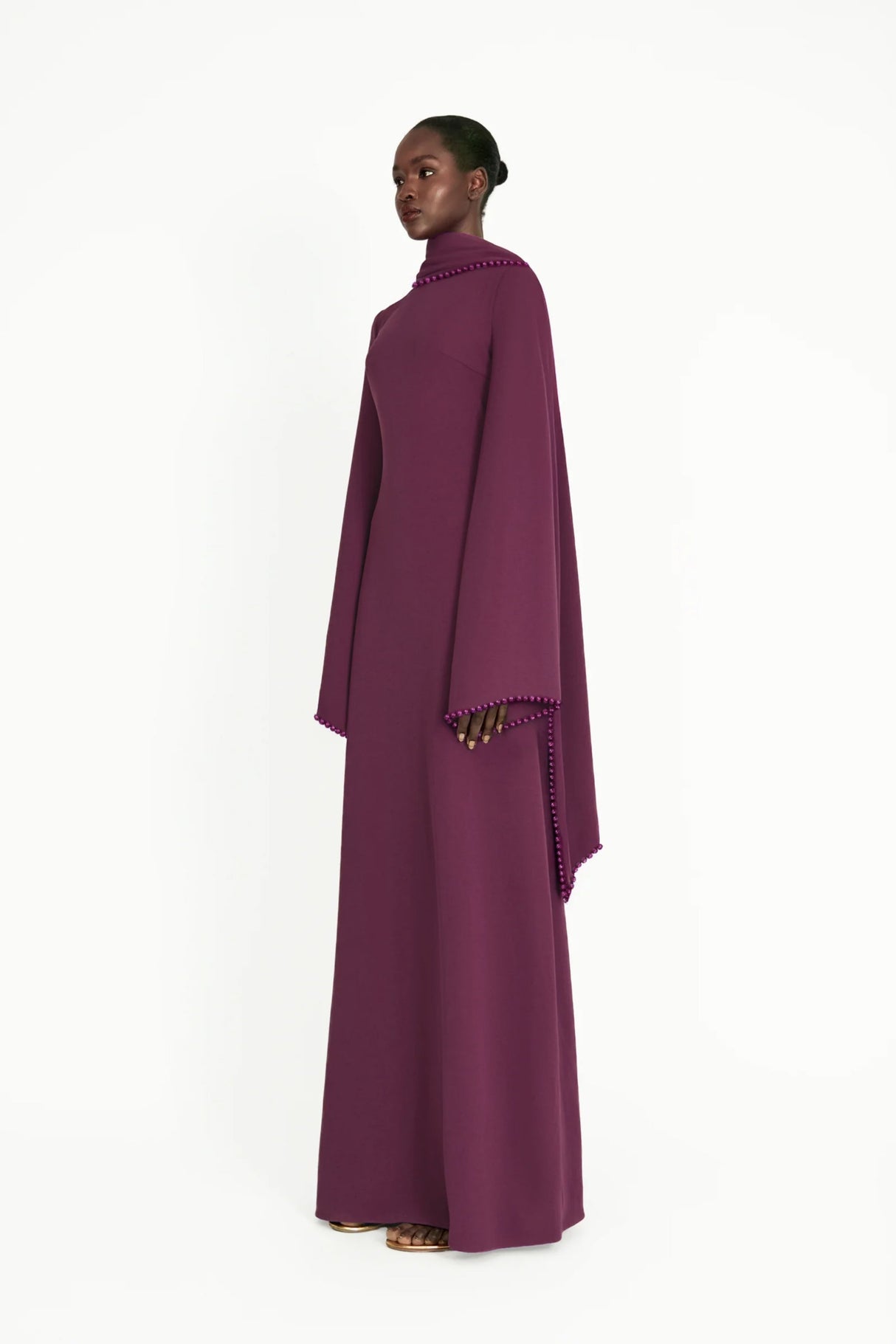 Aurohaya Piroska Purple Pearl Trim Shawl Detail Maxi Dress