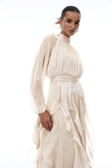 Aurohaya Zélie Neutral Glossy Pleated Ruffled Maxi dress