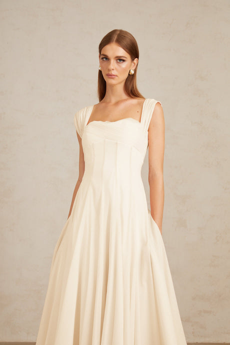 Aurohaya Érasme Cream White Flounced Midi dress