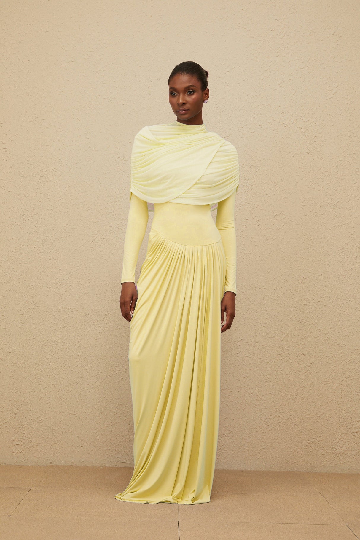 Aurohaya Catherine Yellow Asymmetrical Pleated Long-Sleeve Maxi Dress