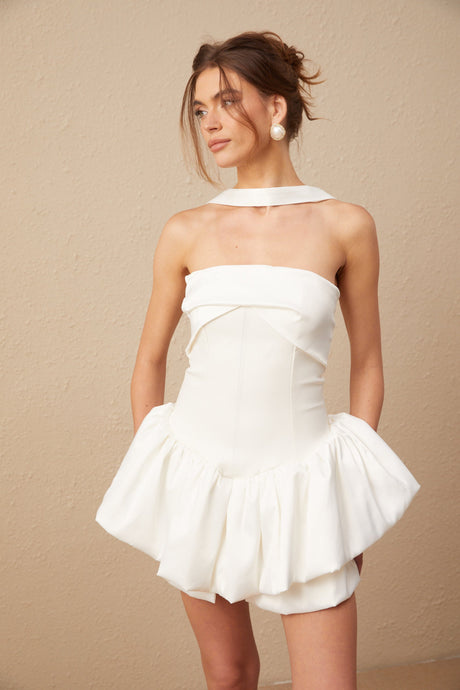 Aurohaya Aurélie white halterneck ruffled mini dress