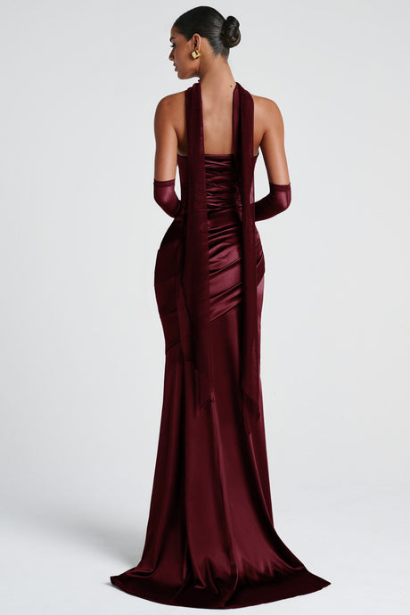 Aurohaya Marilou Burgundy Ruched Satin Maxi Dress