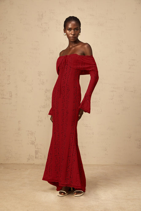 Aurohaya Émeline floral lace train-design maxi dress in Red