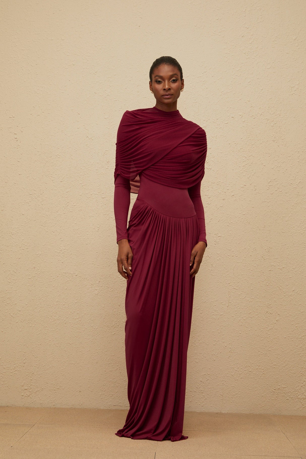 Aurohaya Catherine Red Asymmetrical Pleated Long-Sleeve Maxi Dress