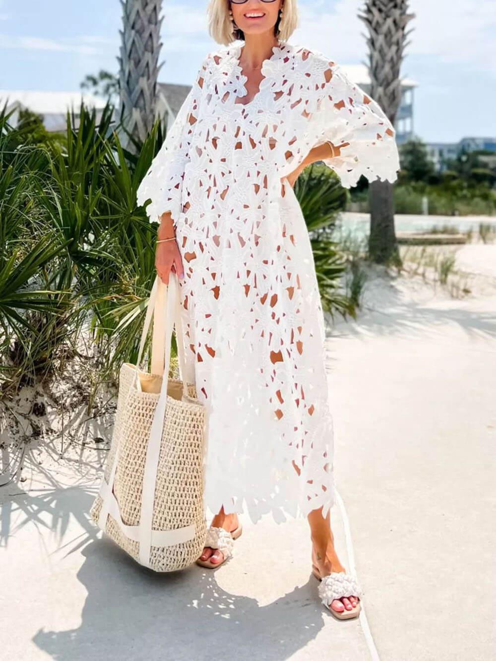 Aurohaya Lace Cover Up Beach Midi Dress White One size
