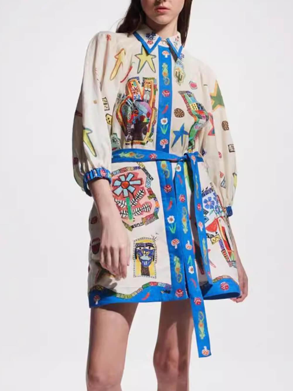 Aurohaya Temperament Peplum Printed Cardigan Dress Blue