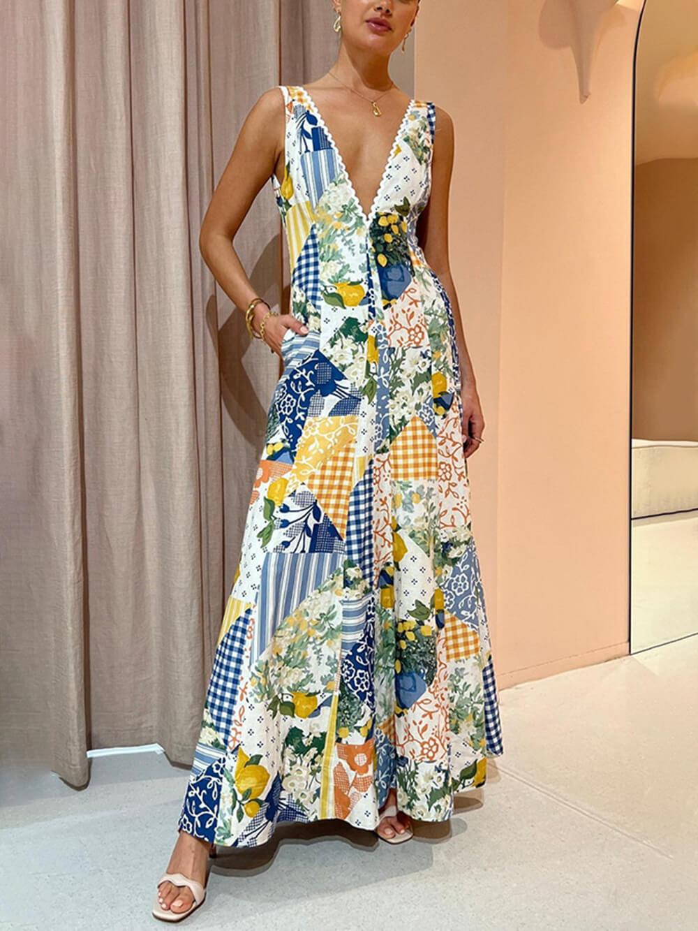Aurohaya Casual Printed Sleeveless Large V-Neck Dress