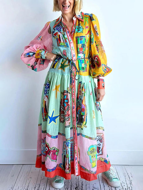 Aurohaya Unique Print Colorblock Balloon Sleeve Belt Shirt Midi Dress