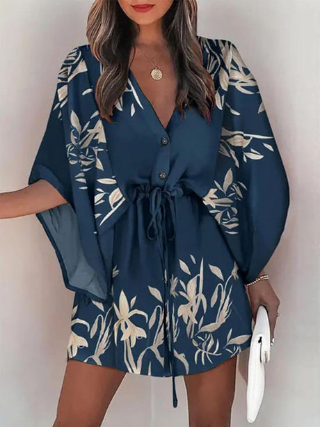 Aurohaya V-Neck Tie Printed Batwing Sleeve Dress Navy blue