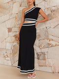 Elegant Slant Neck Lace-Pattern Midi Dress