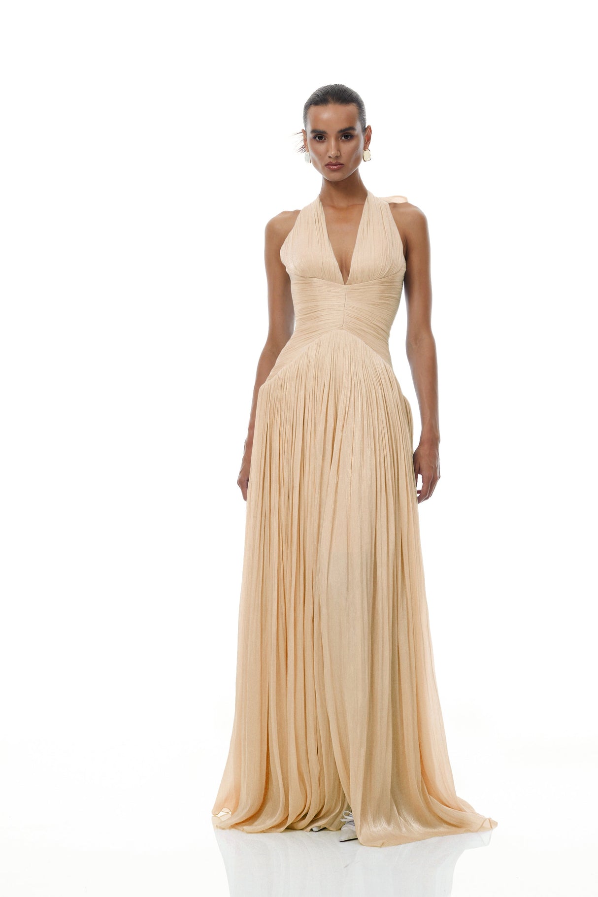 Aurohaya Térébenthine Neutral Glossy Gathered Maxi Dress