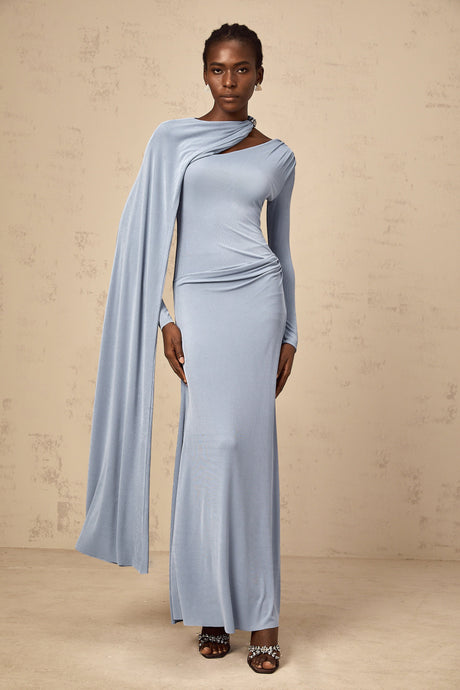 Aurohaya Josette Blue Diagonal Shawl Fitted Maxi Dress