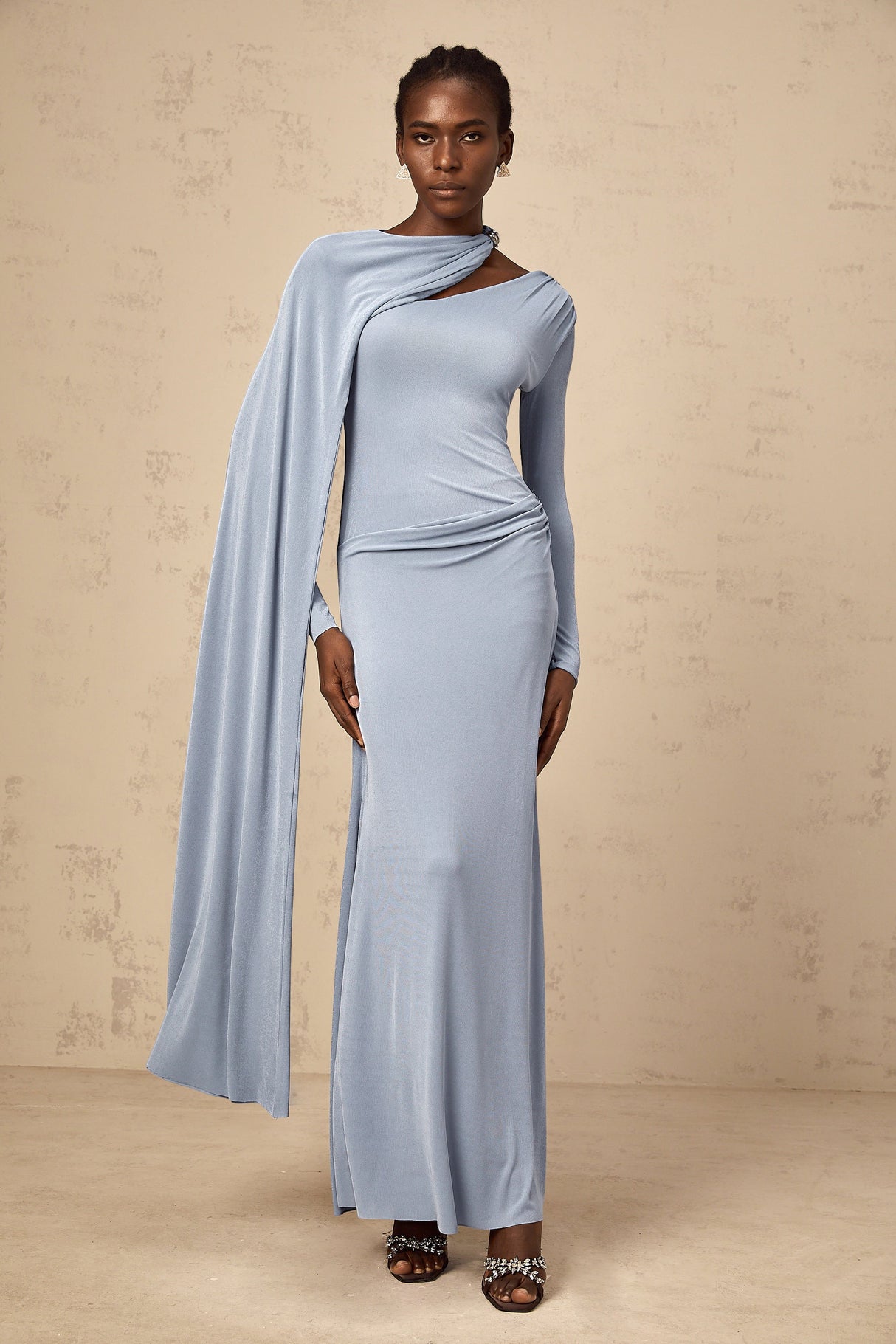 Aurohaya Josette Blue Diagonal Shawl Fitted Maxi Dress