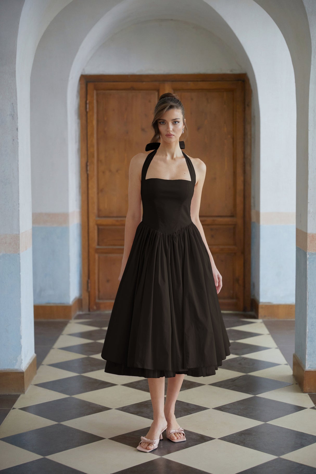 Aurohaya Eponine Black Layered Flared Hem Midi Dress