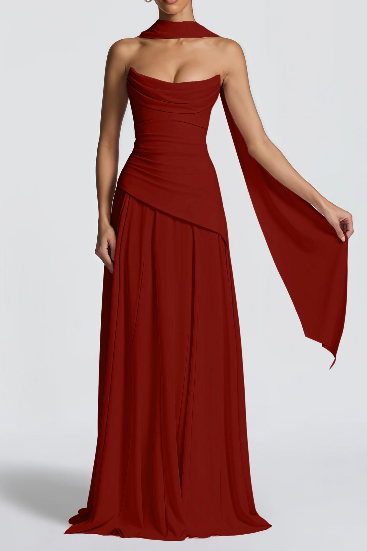 Aurohaya Romane Burgundy Strapless Corset Chiffon Maxi Dress