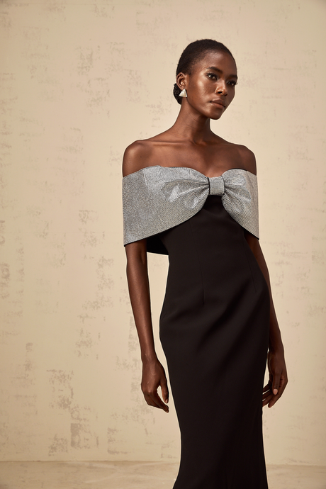 Aurohaya Chloé black rhinestone-bow off-shoulder maxi dress