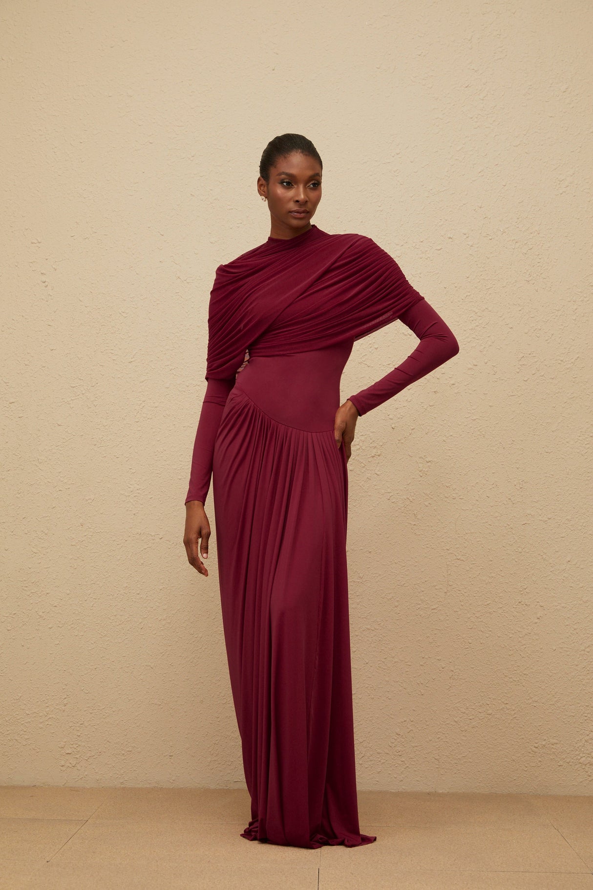 Aurohaya Catherine Red Asymmetrical Pleated Long-Sleeve Maxi Dress
