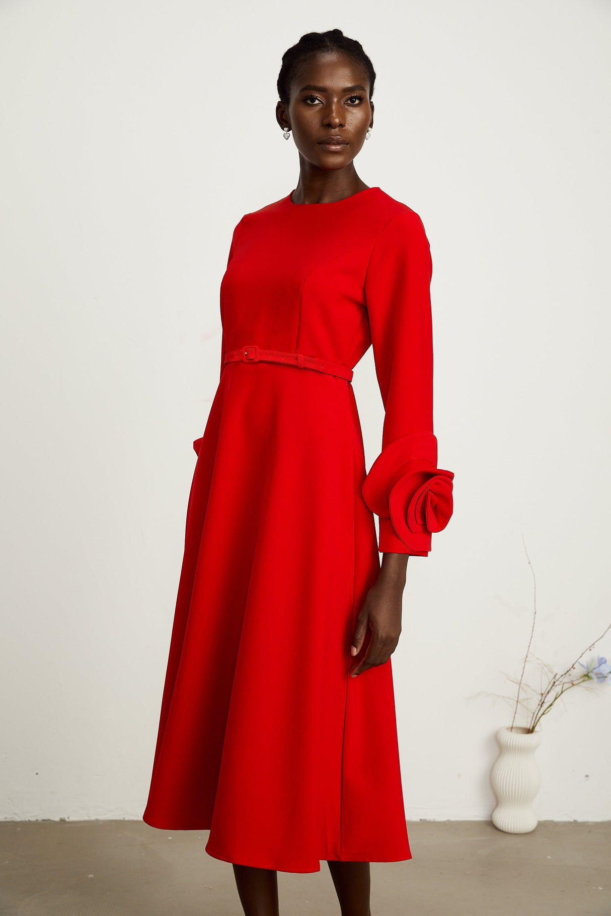 Aurohaya Elysia floral-embellished red long-sleeve dress