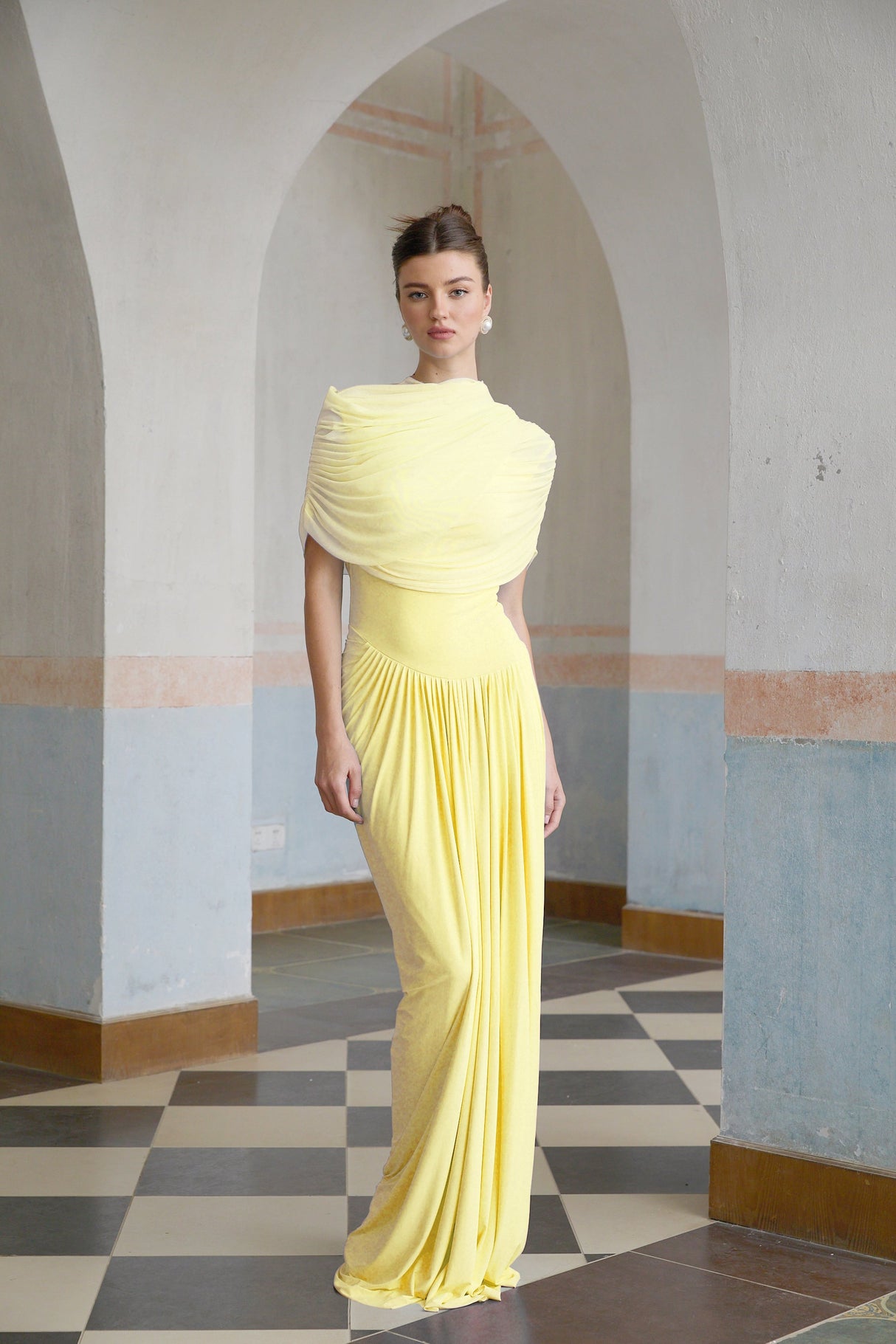 Aurohaya Catherine asymmetrical pleated maxi dress in Yellow