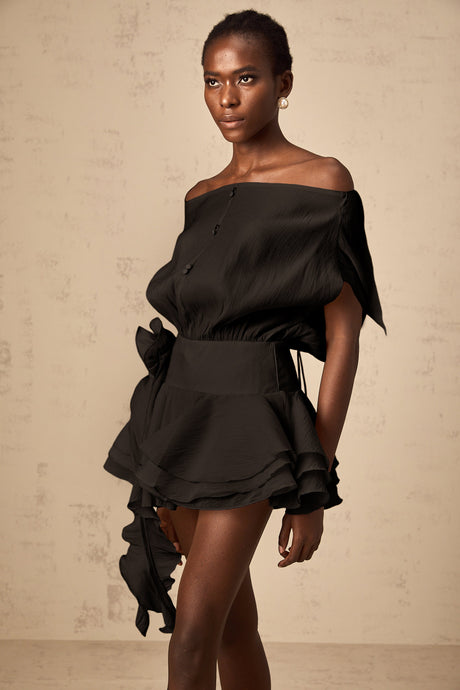 Aurohaya Amélie Black Floral Appliqué Flounced Mini Dress