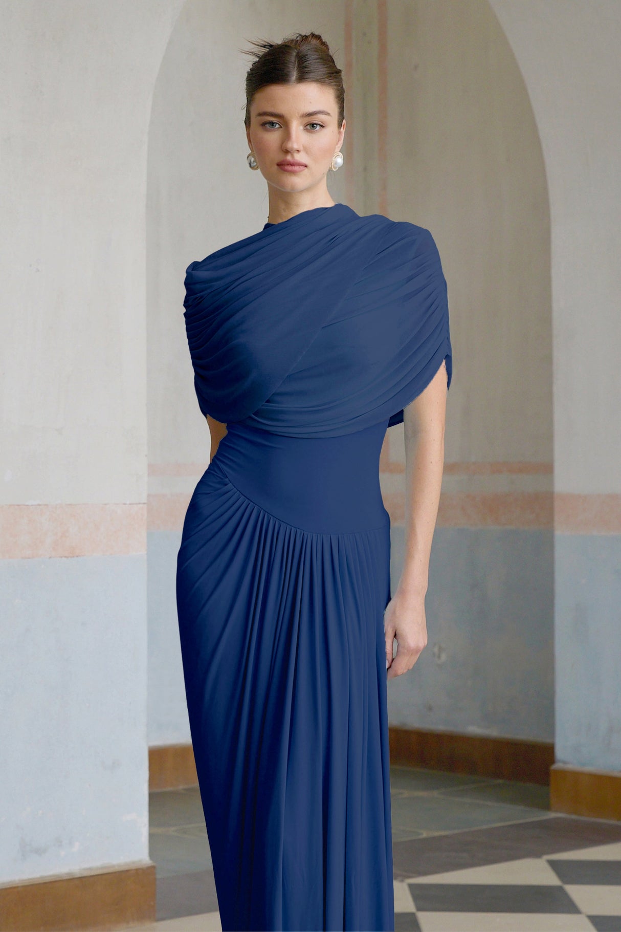 Aurohaya Catherine asymmetrical pleated maxi dress in Navy-blue