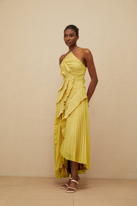 Aurohaya Doux Yellow Ruffled Trim Pleated Midi Dress