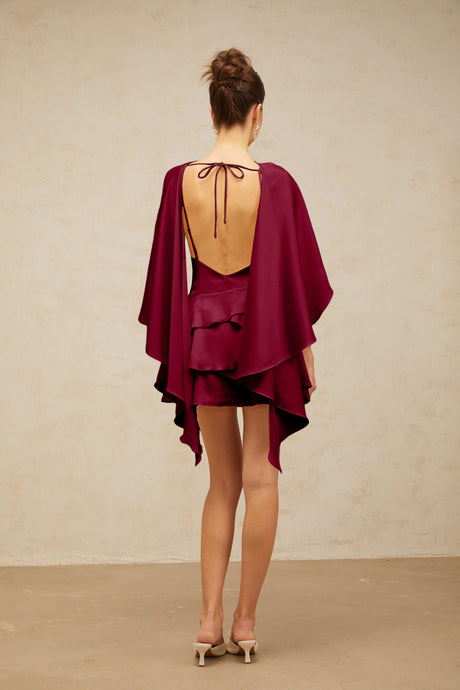 Aurohaya Lyna shawl-panel ruffled satin mini dress in Red