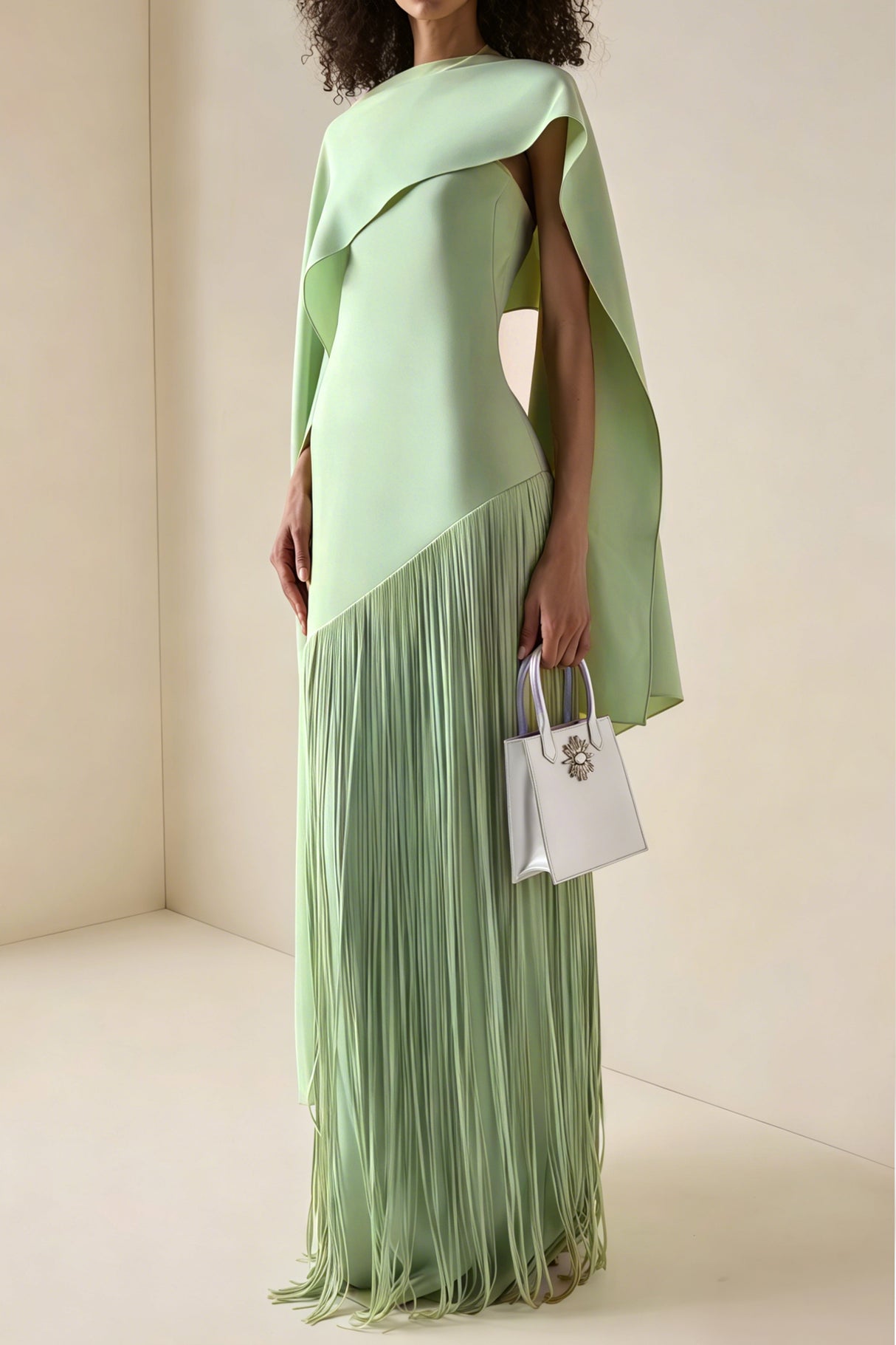 Aurohaya Cayetana Emerald Green Fringe Maxi Dress with Cape Effect