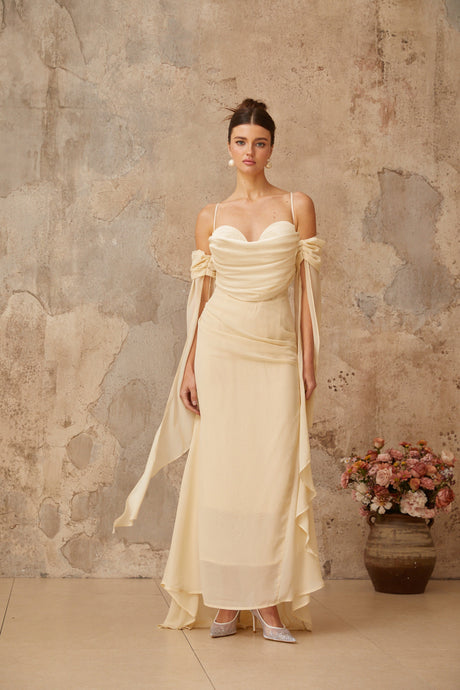 Aurohaya Mélusine Neutral Ruched Chiffon Maxi Dress