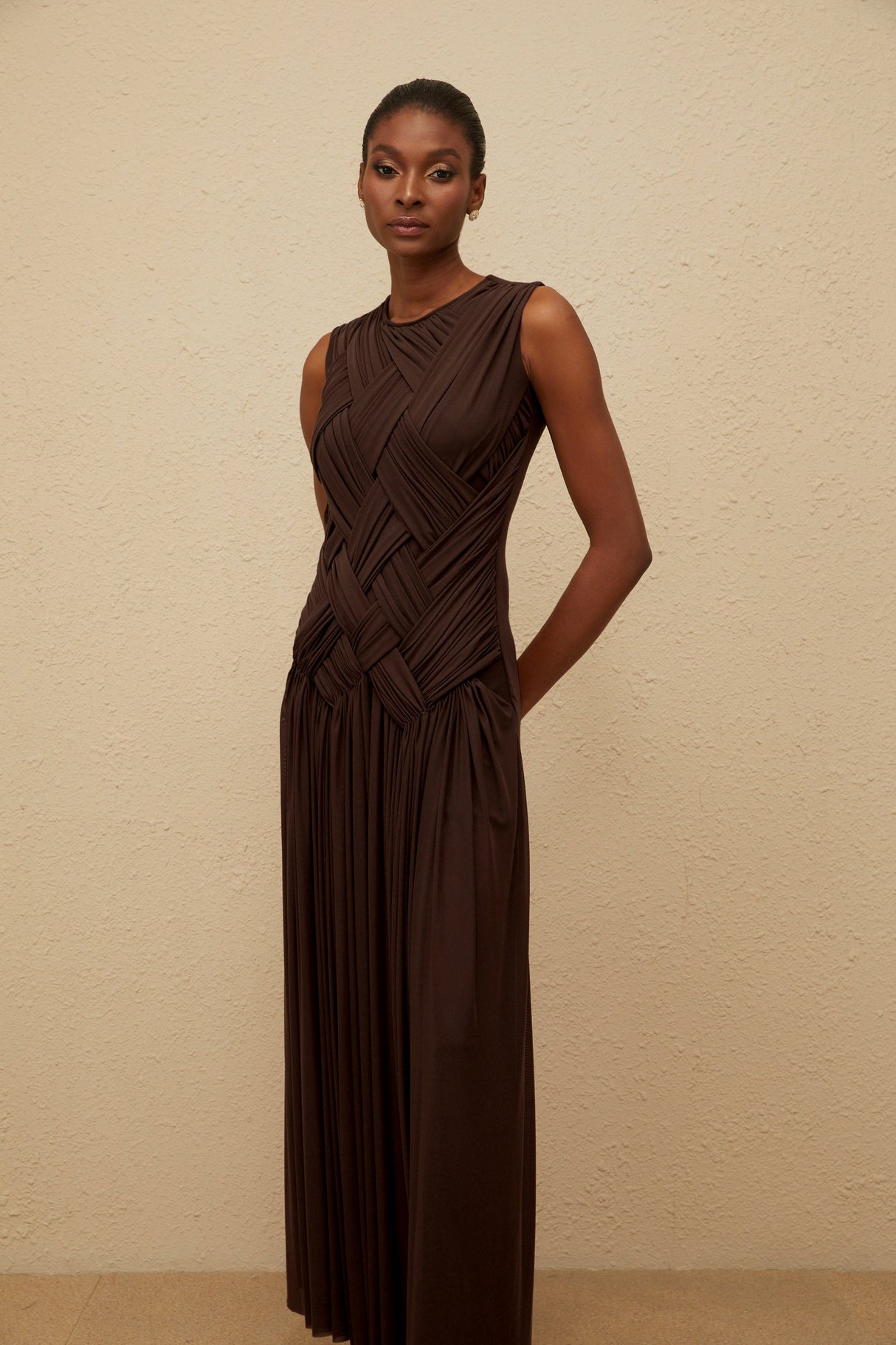 Aurohaya Daphné Brown Asymmetrical Braided Tulle Midi Dress