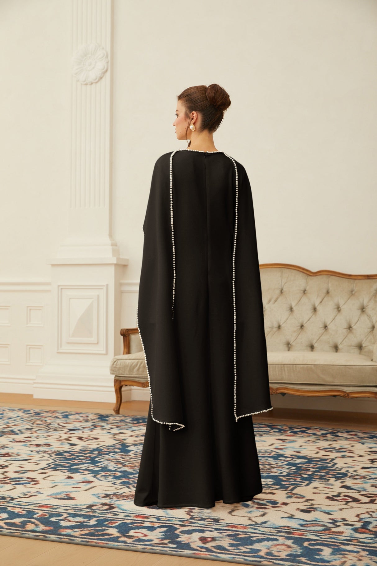 Aurohaya Piroska Black Pearl Trim Shawl Detail Maxi Dress
