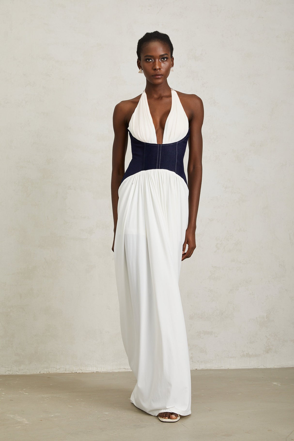 Aurohaya Airi White Halterneck Denim Panel Maxi Dress