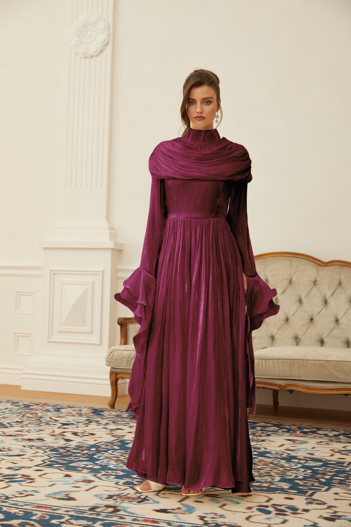 Aurohaya Danuta Burgundy Ruched Pleated Maxi Dress