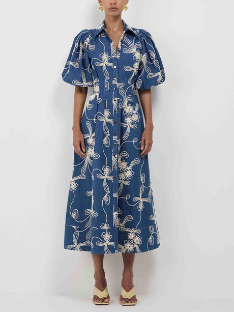 Aurohaya Elegant Denim Jacquard Waist Midi Dress