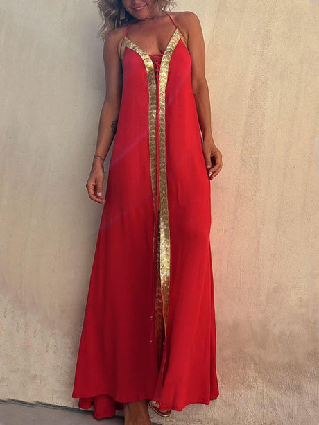 Aurohaya Halter Neck Casual Resort Maxi Dress Red