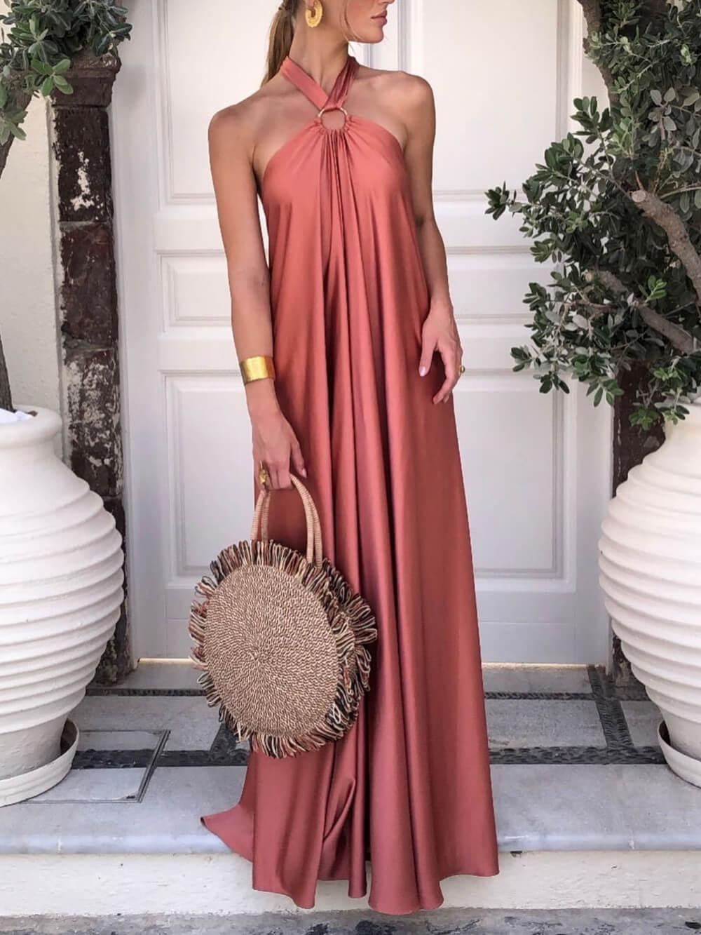 Aurohaya Summer Temperament Satin Halter Swing Gown Dresses