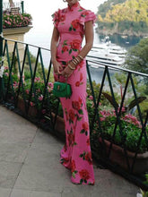 Aurohaya Cheongsam Rose Floral Print Tiered Flare Sleeve Stretch Maxi Dress Pink