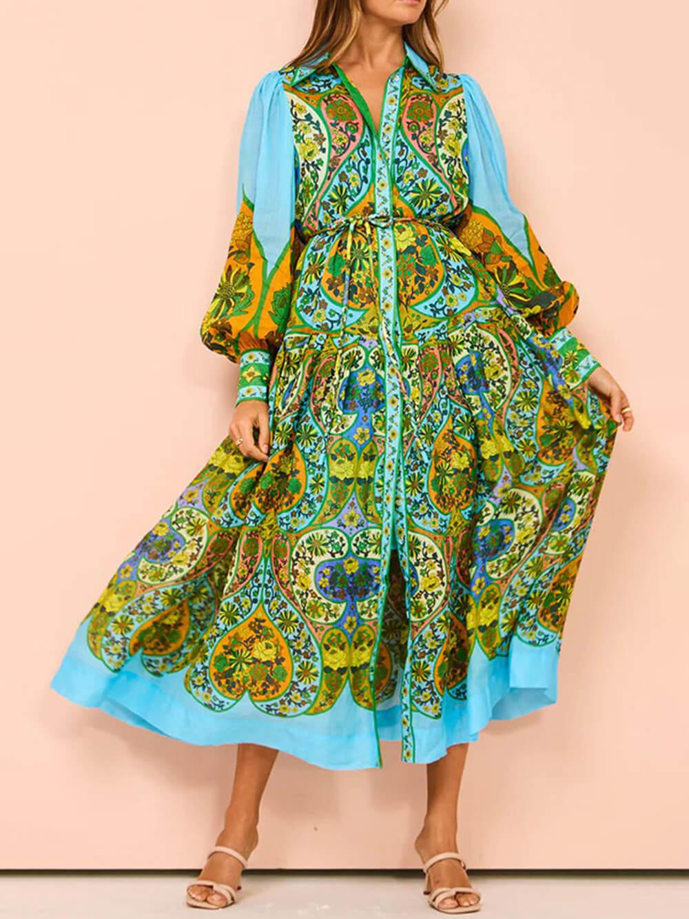 Aurohaya Ethnic Print Cardigan Lace-Up Lapel Long-Sleeved Dress
