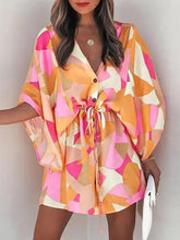 Aurohaya V-Neck Tie Printed Batwing Sleeve Dress Pink