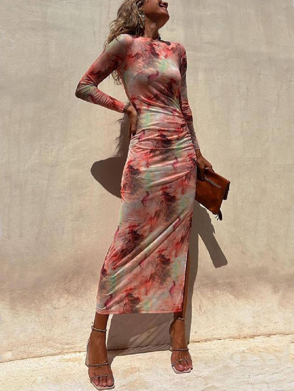 Aurohaya Charm Lady Mesh Overlay Tie Dye Print Long Sleeve Ruched Stretch Midi Dress Pink