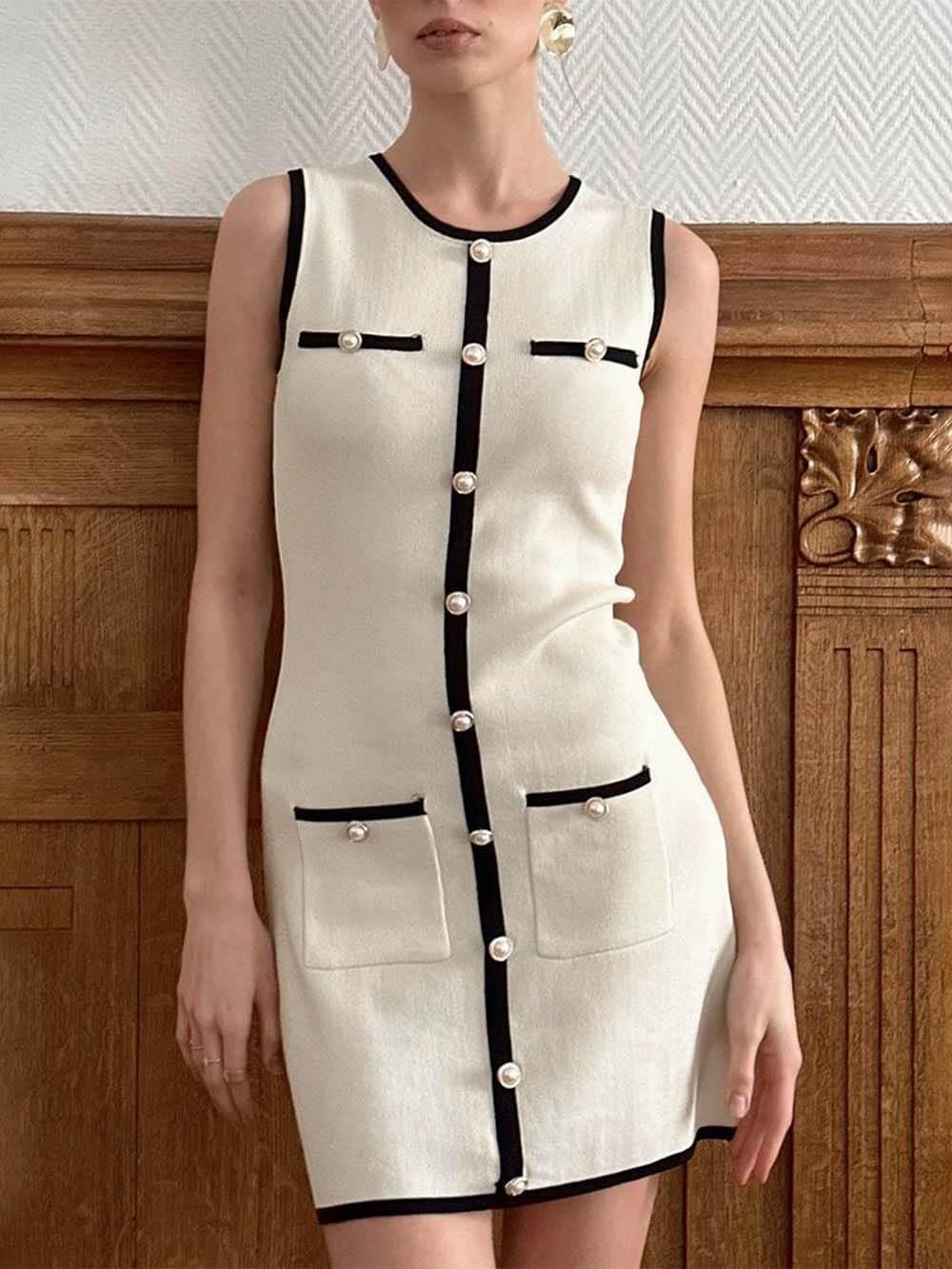 Aurohaya Exquisite Splicing Button Sleeveless Mini Dress White