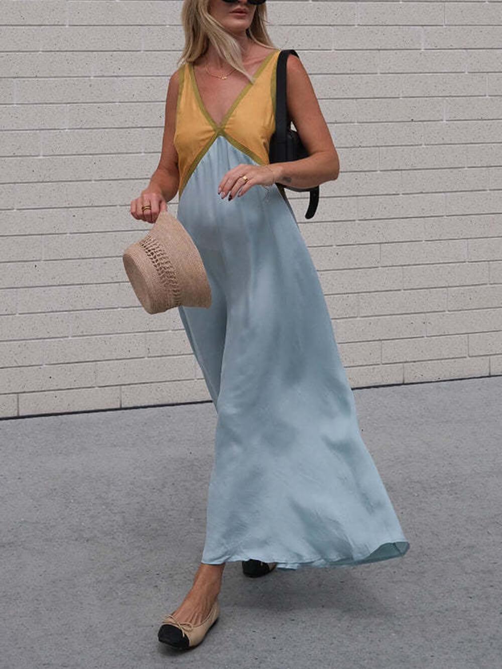 Aurohaya Splicing Chic V-neck Contrasting Color Dress