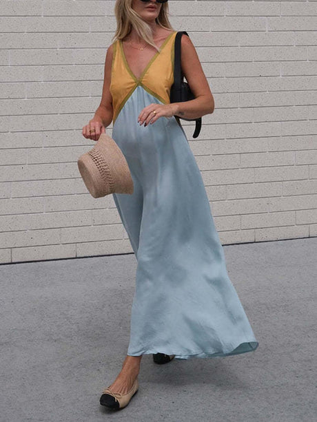Aurohaya Splicing Chic V-neck Contrasting Color Dress