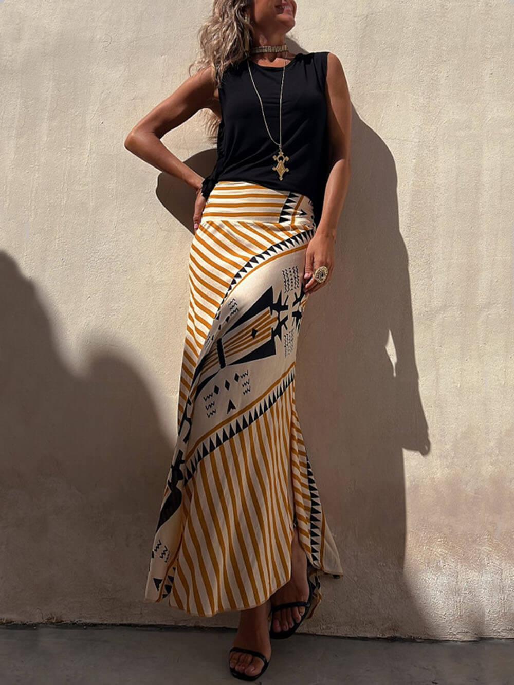 Aurohaya Geometric Print Elastic Waist Maxi Skirt